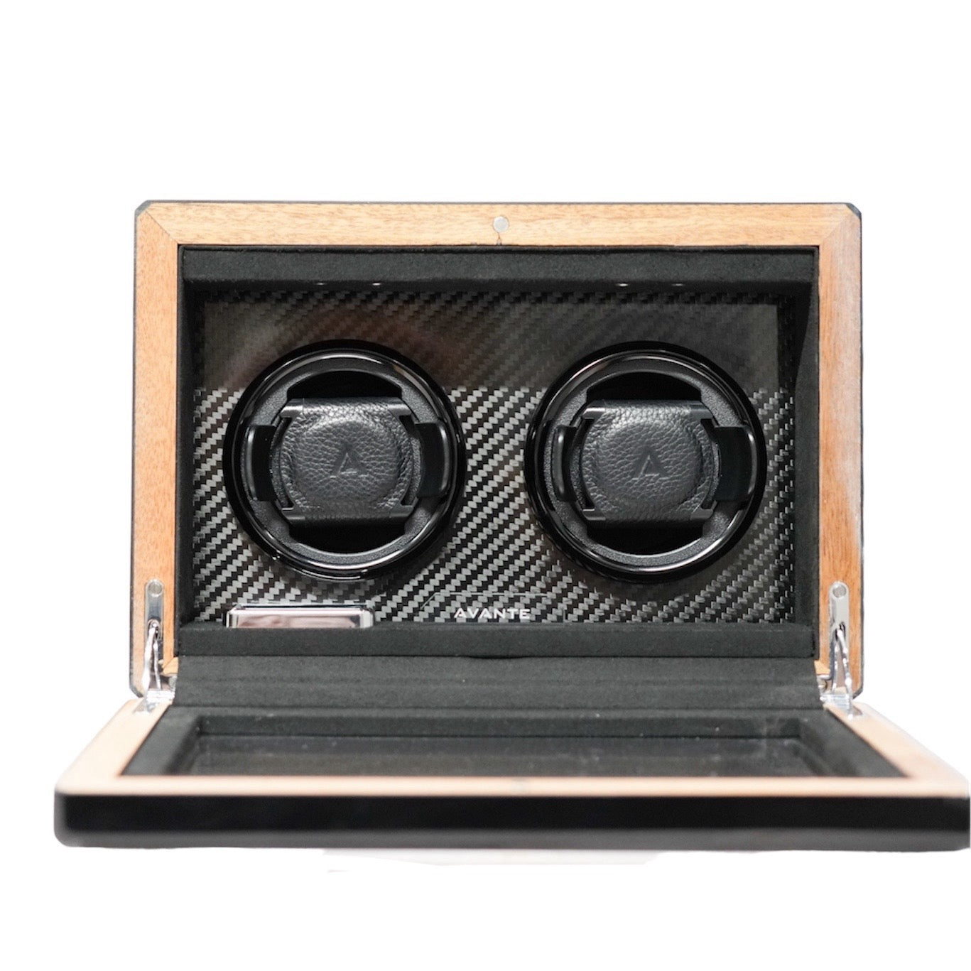 (Avante) Black Finishing in high gloss lacquer with carbon fiber trimmed inlay 2 watch winders